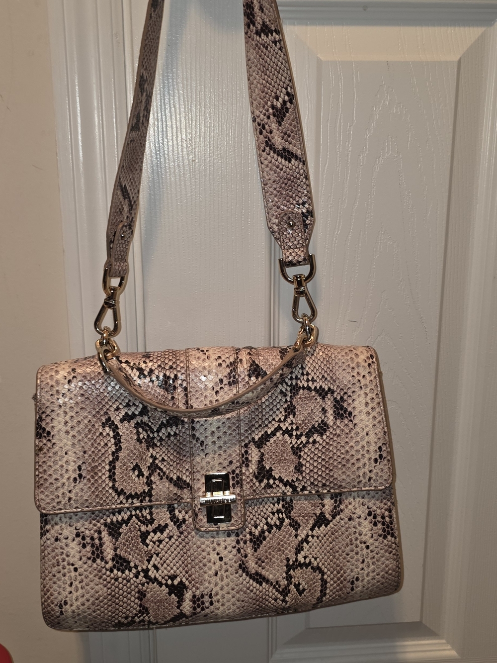Brahmin Pink Snake-Print Satchel with Gold Hardware